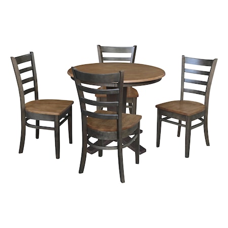 International Concepts 36 in. Solid Wood Round Top Pedestal Dining Table with 4 Chairs in Hickory/Washed Coal K45-36RT-23B-C617-4